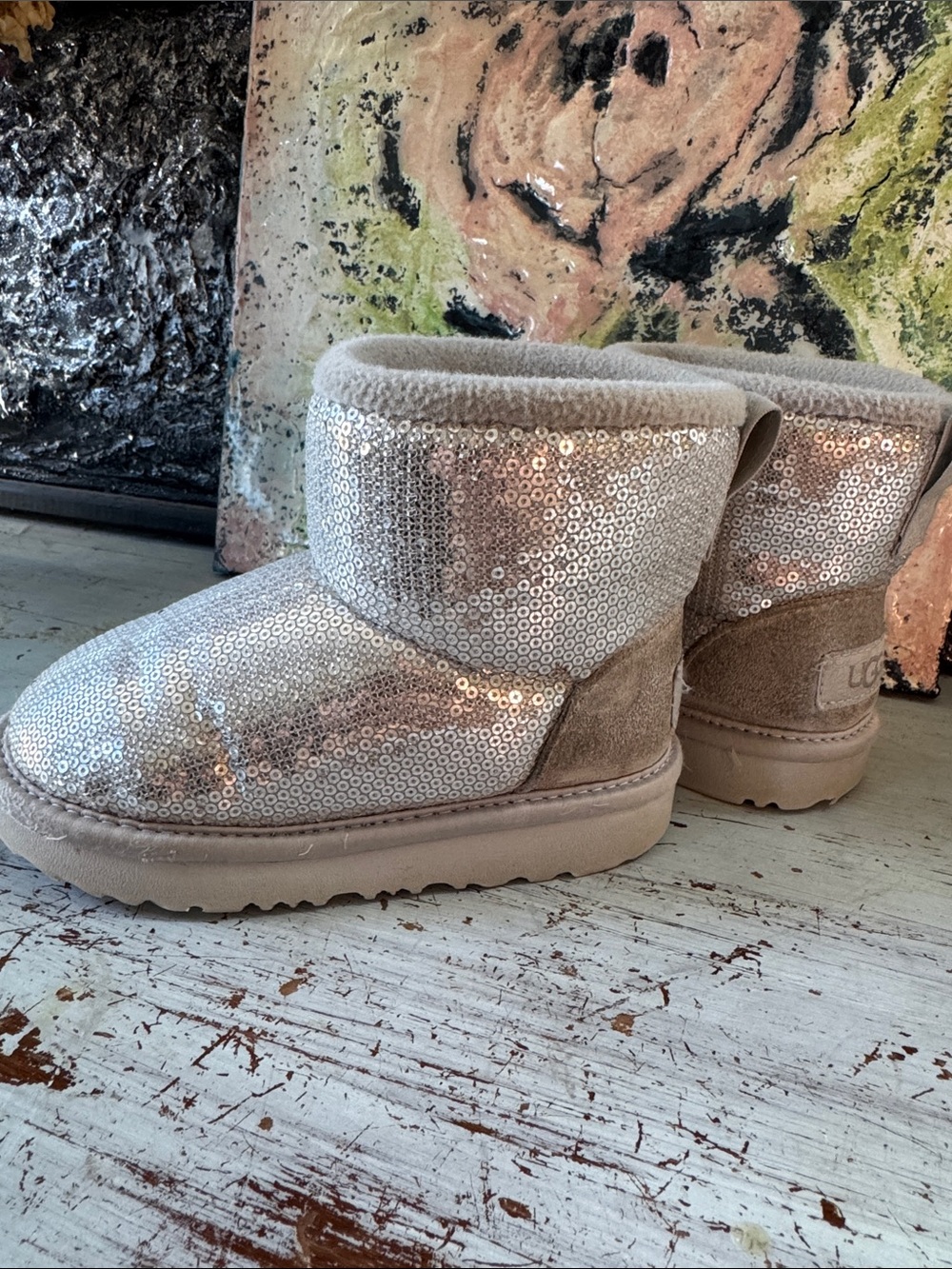 UGG Kids Silver Sequin Short Boots - size 10